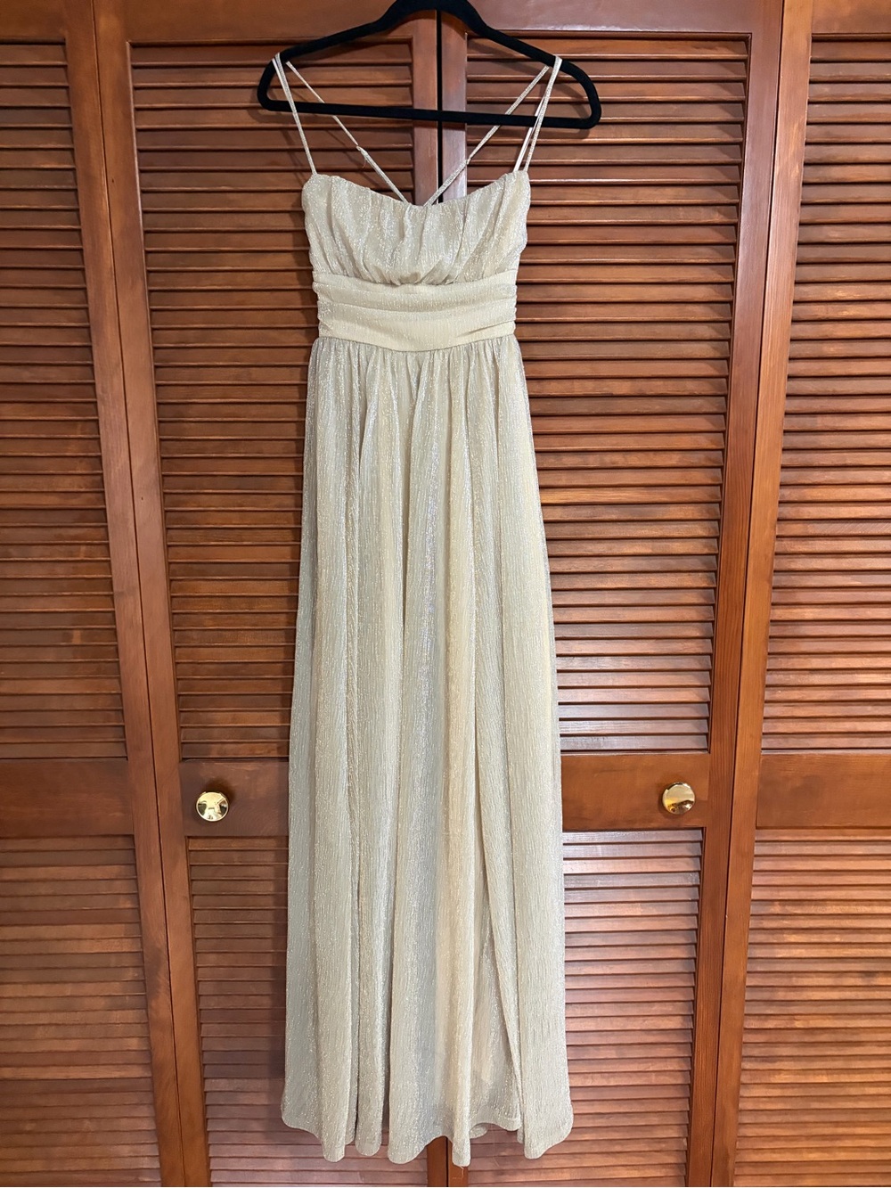 Elegant Cream Gold Spaghetti-Strap Evening, Prom or Homecoming dress
